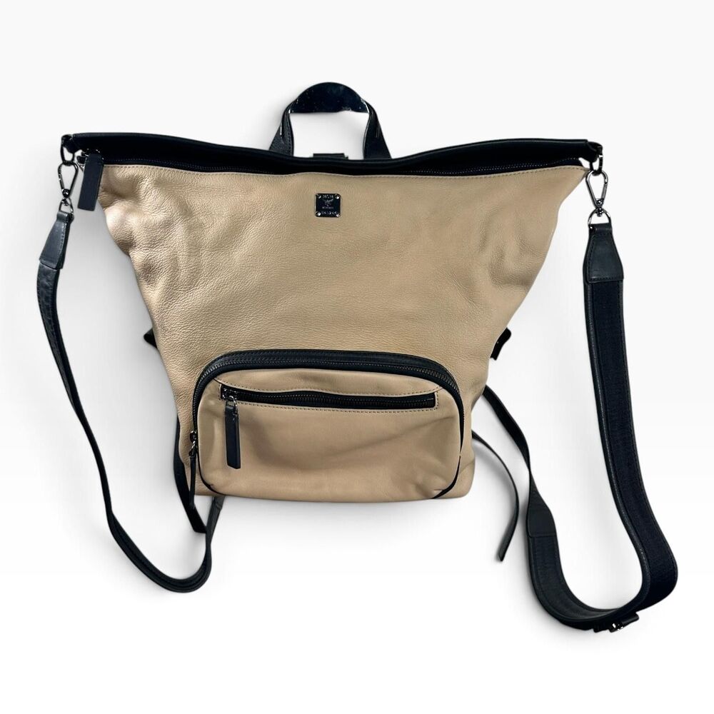 MCM Backpack Bag Womens Medium Beige Leather Black Trim Adjustable Strap Zip